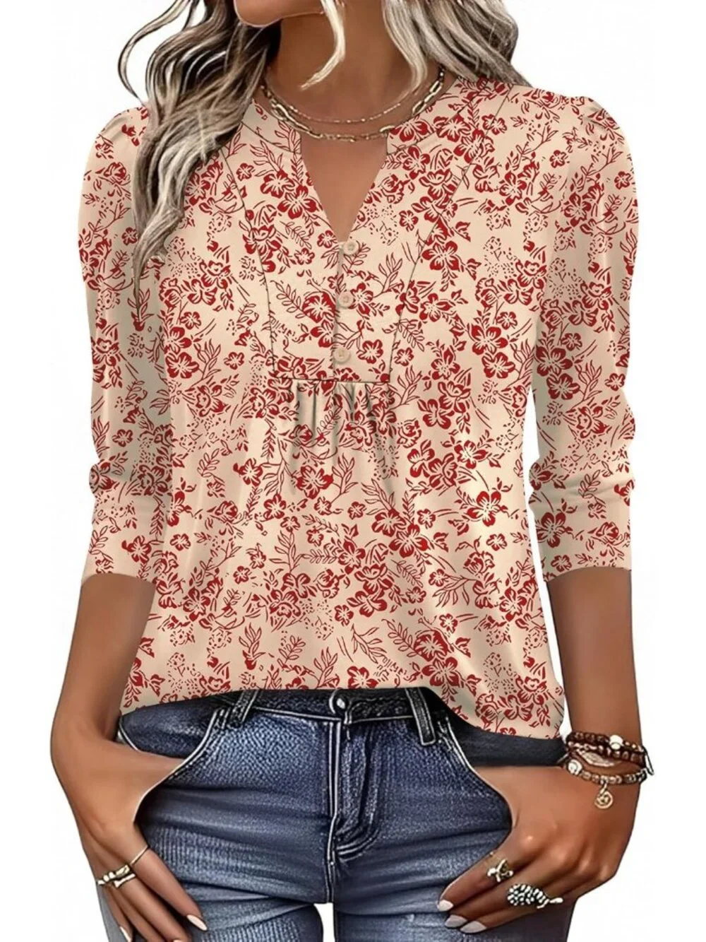 Women's Apricot Red Long Sleeve Casual Henley V-Neck Floral T-Shirts Loose Fit - Picture 2 of 5